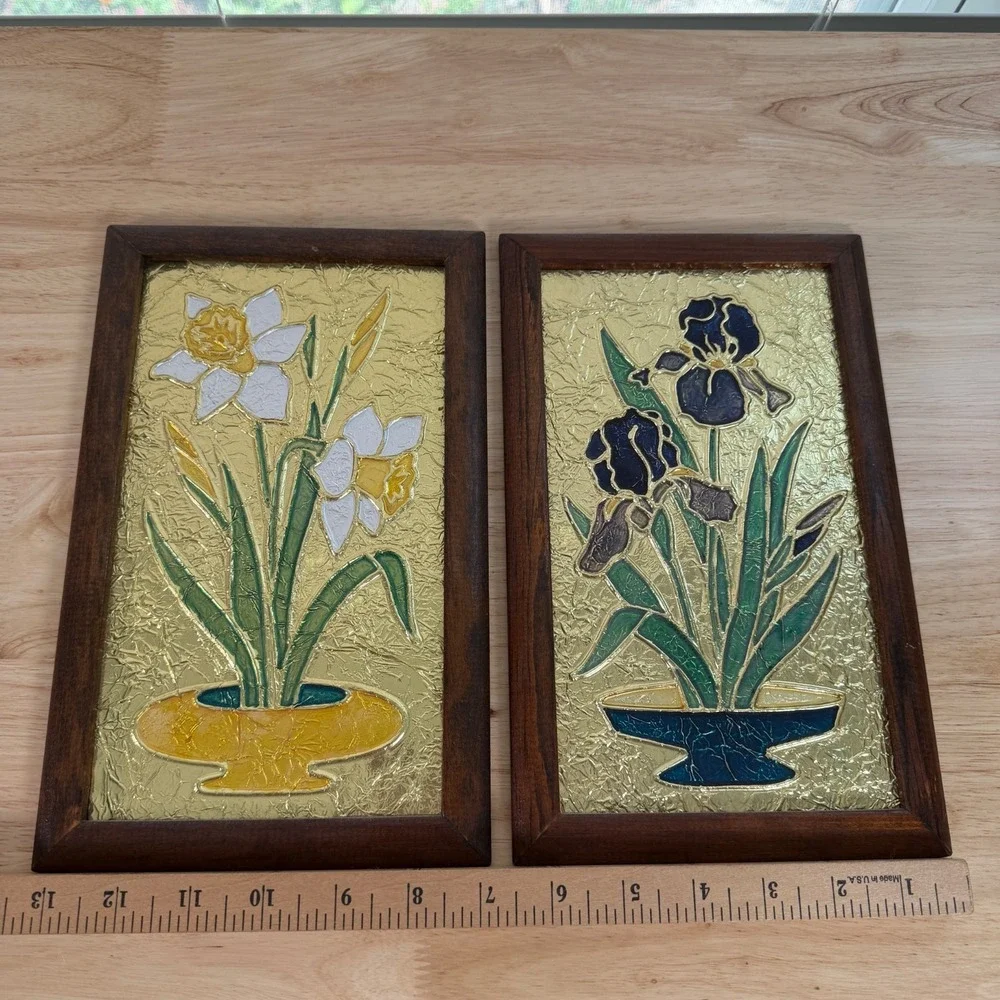 VTG Handmade Floral Gold Tone Framed Hanging Wall Art Foil Picture - Lot of 2